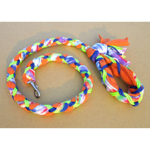Hand Braided Dog Tug Leash with Clasp, Fleece and Paracord for Walking, Agility or Flyball Blue Tie-Die over Orange with Neon-Green