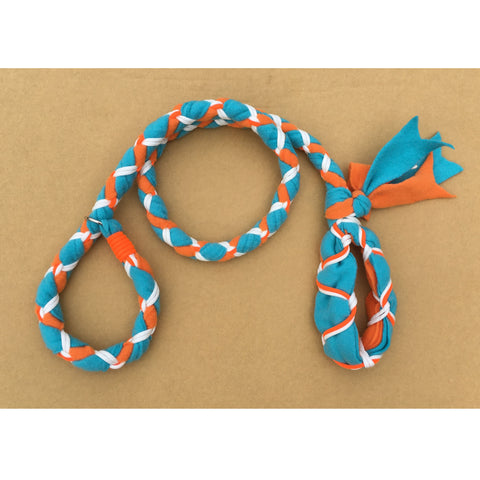 Hand Braided Dog Tug Leash with Slip Collar, Fleece and Paracord for Walking, Agility or Flyball Teal over Orange with White