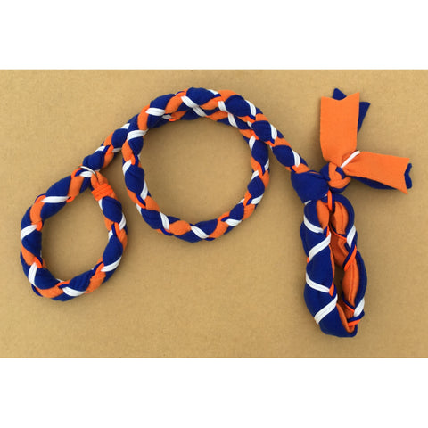 Hand Braided Dog Tug Leash with Slip Collar, Fleece and Paracord for Walking, Agility or Flyball Blue over Orange with White