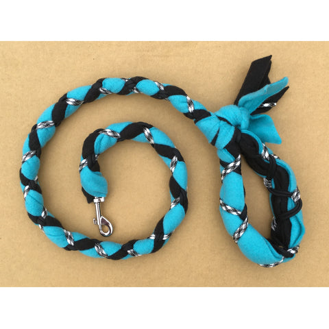 Hand Braided Dog Tug Leash with Clasp, Fleece and Paracord for Walking, Agility or Flyball Teal over Black with Black/White
