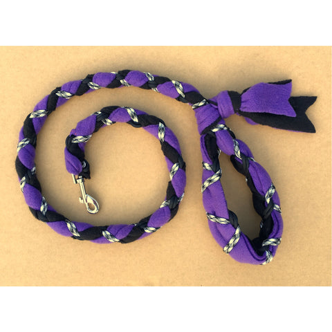 Hand Braided Dog Tug Leash with Clasp, Fleece and Paracord for Walking, Agility or Flyball Purple over Black with Black/White
