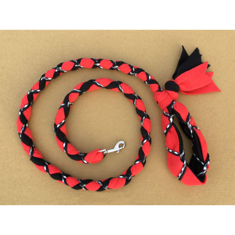 Hand Braided Dog Tug Leash with Clasp, Fleece and Paracord for Walking, Agility or Flyball Red over Black with Black/White