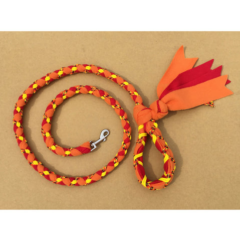 Hand Braided Dog Tug Leash with Clasp, Fleece and Paracord for Walking, Agility or Flyball Orange over Red with Fire and Yellow