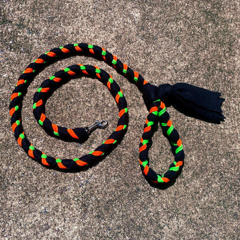 Hand Braided Dog Tug Leash with Clasp, Fleece and Paracord for Walking, Agility or Flyball Black over Black with Neon