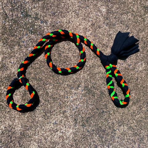 Hand Braided Dog Tug Leash with Slip Collar, Fleece and Paracord for Walking, Agility or Flyball Black over Black with Neon