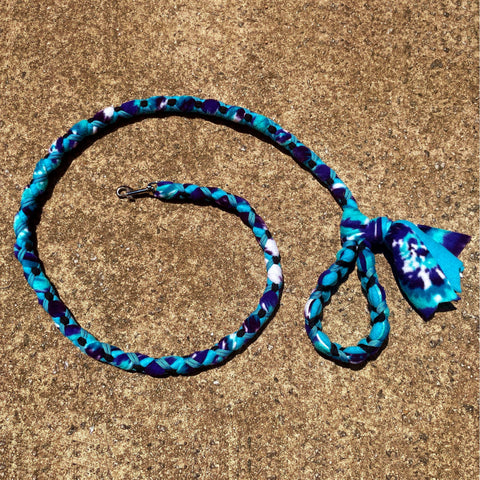 Hand Braided Dog Tug Leash with Clasp, Fleece and Paracord for Walking, Agility or Flyball Blue-Purple Tie Dye over Turquoise w Turquoise