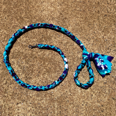 Hand Braided Dog Tug Leash with Clasp, Fleece and Paracord for Walking, Agility or Flyball Blue-Purple Tie Dye over Turquoise w Turquoise
