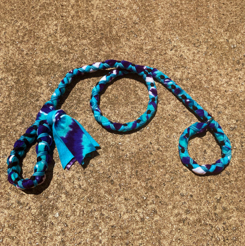 Hand Braided Dog Tug Leash with Slip Collar, Fleece and Paracord for Walking, Agility or Flyball Blue-Purple Tie-Dye over Turquoise w Turquoise