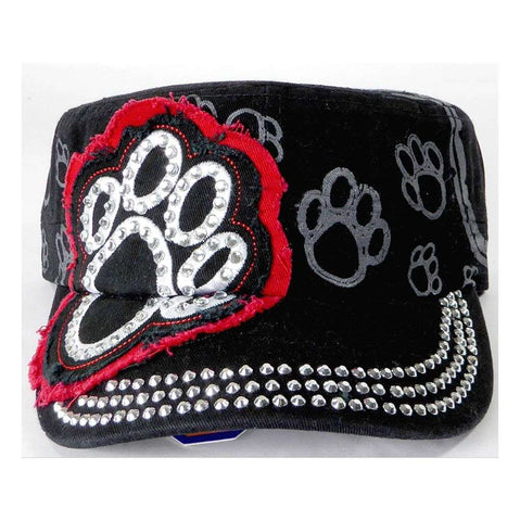 Rhinestone Cadet Hat Paw Print black/red Trim