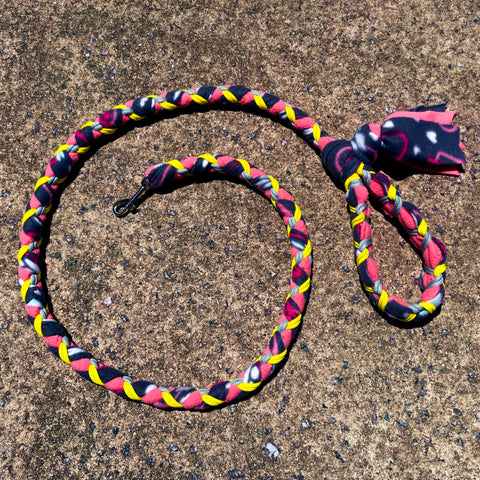 Hand Braided Dog Tug Leash with Clasp, Fleece and Paracord for Walking, Agility or Flyball Hearts and Paws over pink w yellow
