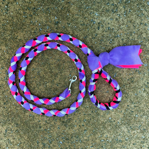 Hand Braided Dog Tug Leash with Clasp, Fleece and Paracord for Walking, Agility or Flyball Purple Tie Dye over Hot Pink w White