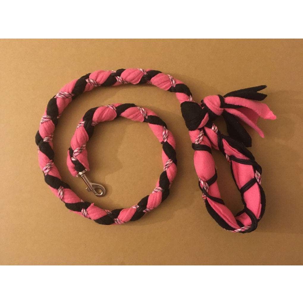 Hand Braided Dog Tug Leash with Clasp, Fleece and Paracord for Walking, Agility or Flyball Pink over Black with Pink Camouflage