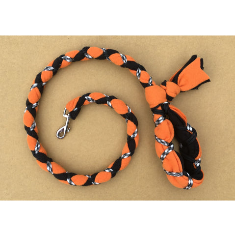 Hand Braided Dog Tug Leash with Clasp, Fleece and Paracord for Walking, Agility or Flyball Orange over Black with Black/White