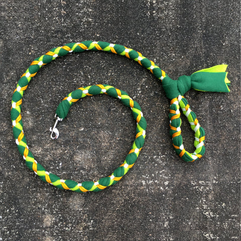 Hand Braided Dog Tug Leash with Clasp, Fleece and Paracord for Walking, Agility or Flyball DarkGreen over Lime with Gold and White
