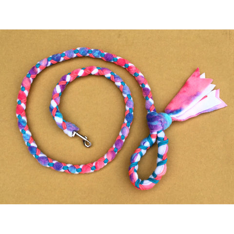 Hand Braided Dog Tug Leash with Clasp, Fleece and Paracord for Walking, Agility or Flyball Pastell over White with Pink and Teal