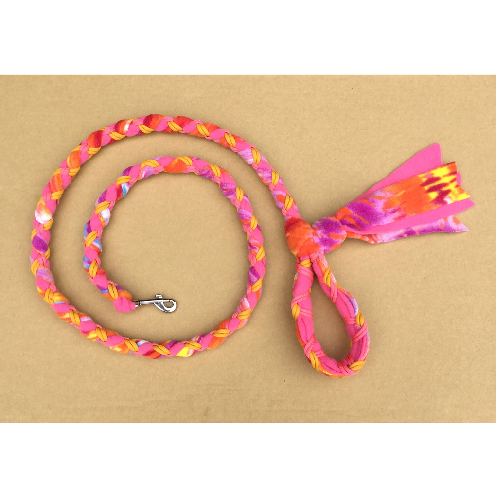 Hand Braided Dog Tug Leash with Clasp, Fleece and Paracord for Walking, Agility or Flyball Pink/Purple Tie-Die over Pink with Gold and Pink